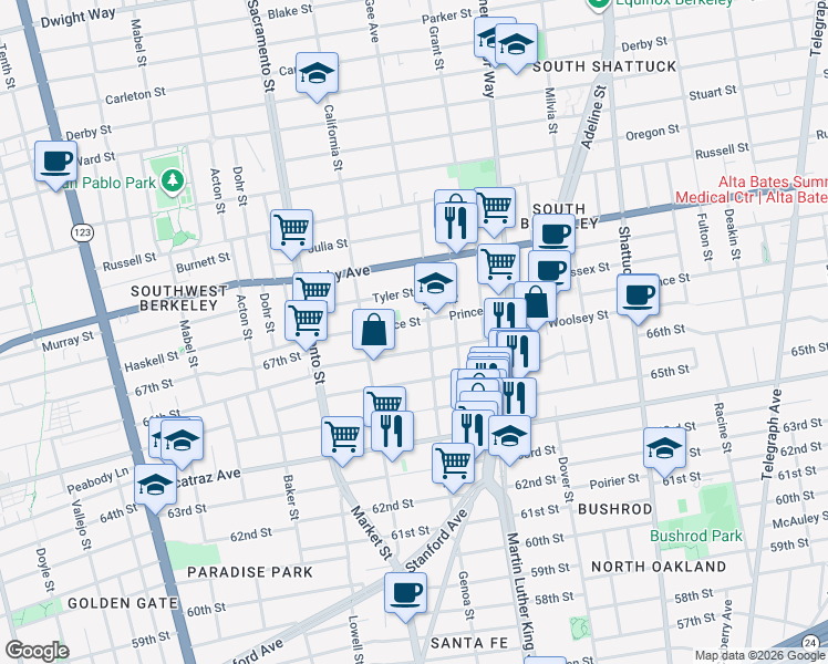 map of restaurants, bars, coffee shops, grocery stores, and more near 3130 King Street in Berkeley