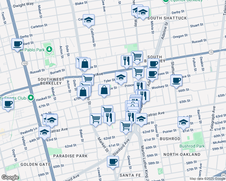 map of restaurants, bars, coffee shops, grocery stores, and more near 1617 Woolsey Street in Berkeley