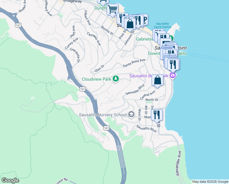 map of restaurants, bars, coffee shops, grocery stores, and more near 7 Channing Way in Sausalito