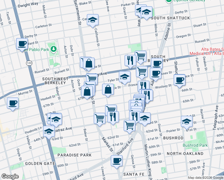 map of restaurants, bars, coffee shops, grocery stores, and more near 1616 Prince Street in Berkeley
