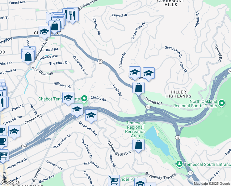 map of restaurants, bars, coffee shops, grocery stores, and more near 64 Roble Road in Berkeley