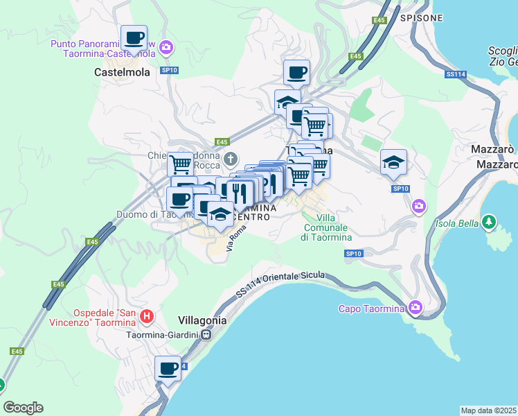 map of restaurants, bars, coffee shops, grocery stores, and more near Vico Teofane Cerameo in Taormina