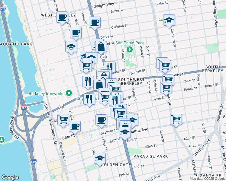 map of restaurants, bars, coffee shops, grocery stores, and more near 3015 San Pablo Avenue in Berkeley