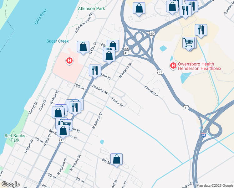 map of restaurants, bars, coffee shops, grocery stores, and more near 600-612 Breckinridge Drive in Henderson