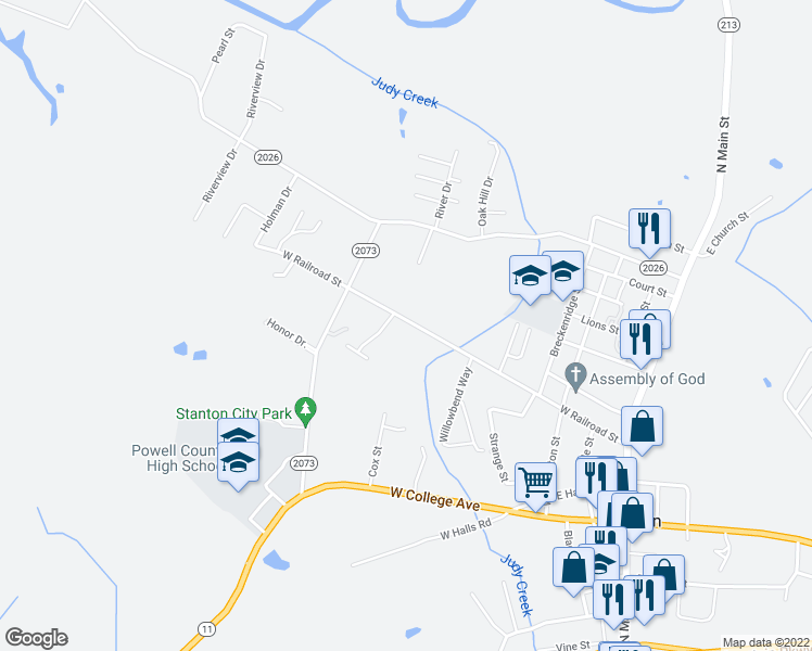 map of restaurants, bars, coffee shops, grocery stores, and more near 555 West Railroad Street in Stanton