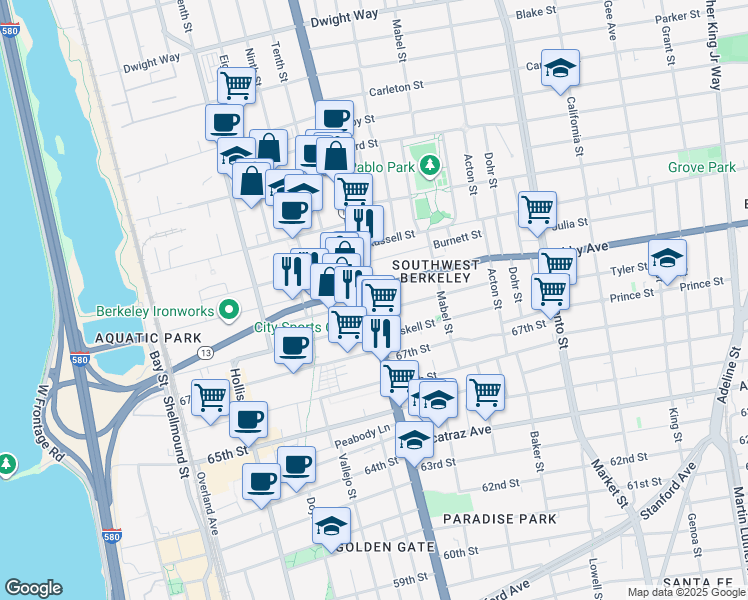 map of restaurants, bars, coffee shops, grocery stores, and more near 3015 San Pablo Avenue in Berkeley