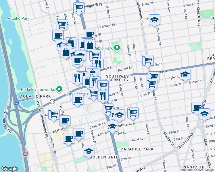 map of restaurants, bars, coffee shops, grocery stores, and more near 1223 Ashby Avenue in Berkeley