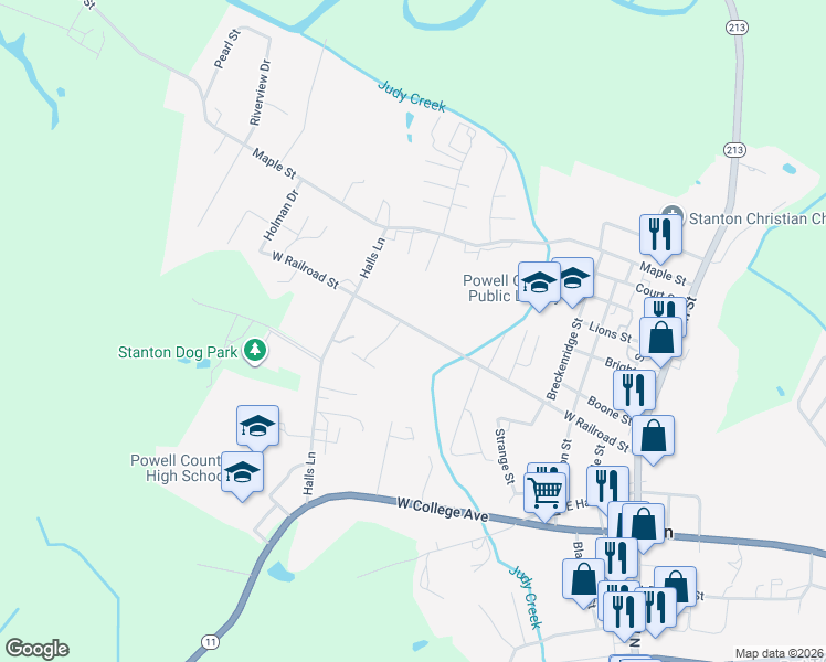 map of restaurants, bars, coffee shops, grocery stores, and more near 555 West Railroad Street in Stanton
