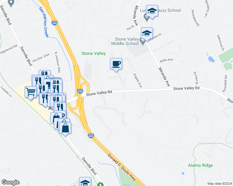 map of restaurants, bars, coffee shops, grocery stores, and more near 1111 Stone Valley Road in Alamo