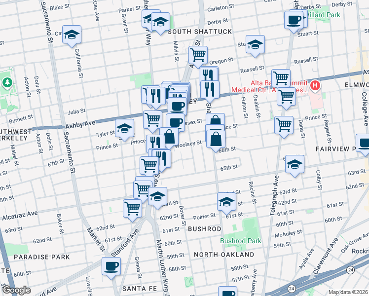 map of restaurants, bars, coffee shops, grocery stores, and more near 1922 Woolsey Street in Berkeley