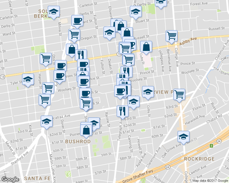 map of restaurants, bars, coffee shops, grocery stores, and more near 66th St & Deakin St in Oakland