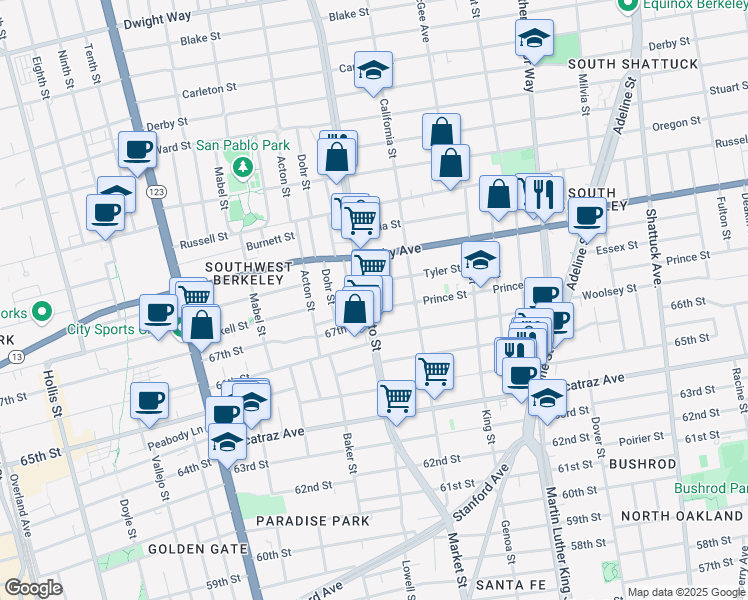 map of restaurants, bars, coffee shops, grocery stores, and more near 1507 Tyler Street in Berkeley