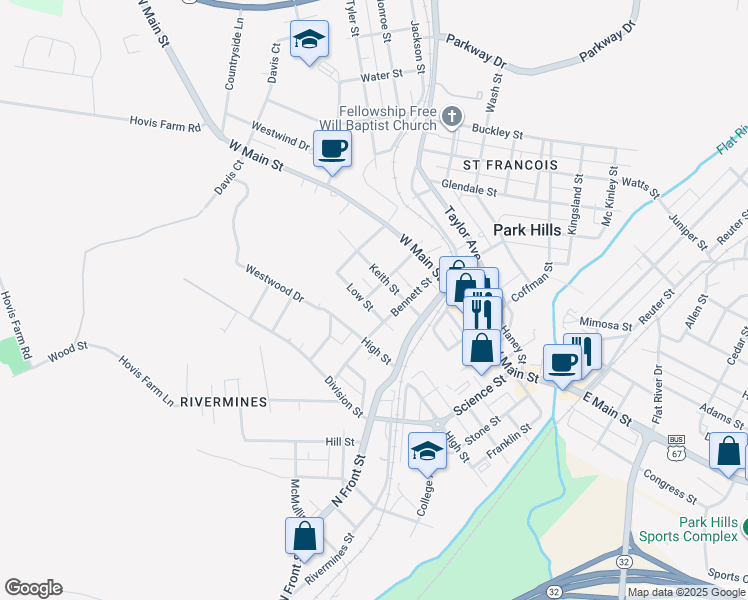 map of restaurants, bars, coffee shops, grocery stores, and more near 502 Low Street in Park Hills
