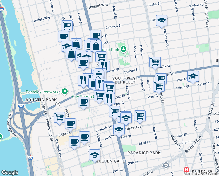 map of restaurants, bars, coffee shops, grocery stores, and more near 1223 Ashby Avenue in Berkeley