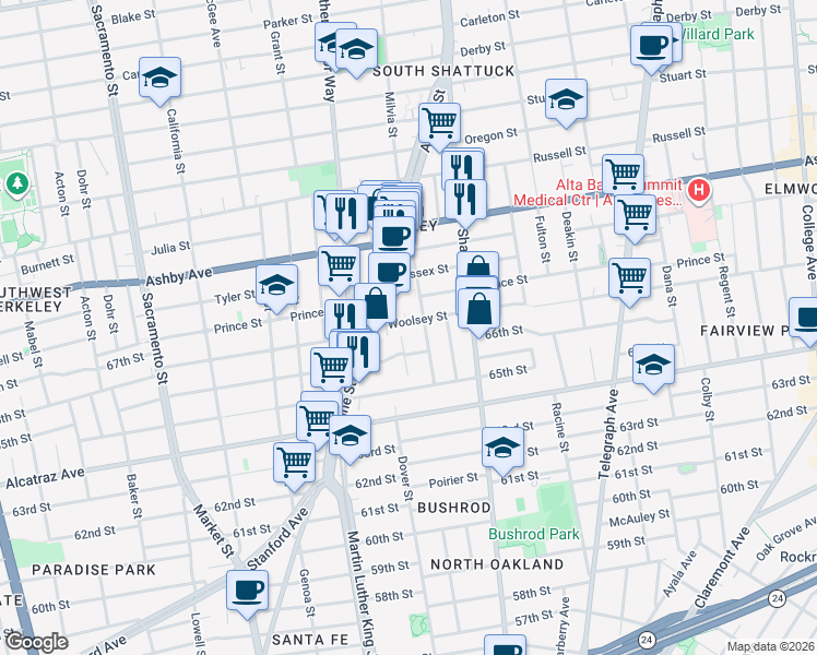 map of restaurants, bars, coffee shops, grocery stores, and more near 1922 Woolsey Street in Berkeley