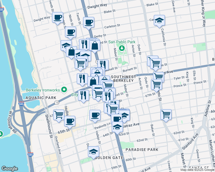 map of restaurants, bars, coffee shops, grocery stores, and more near 3015 San Pablo Avenue in Berkeley