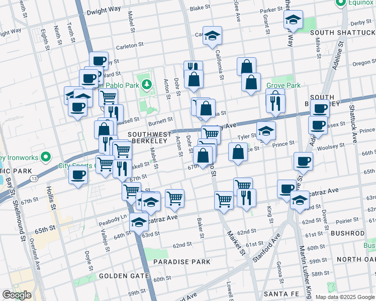 map of restaurants, bars, coffee shops, grocery stores, and more near 3036 Dohr Street in Berkeley
