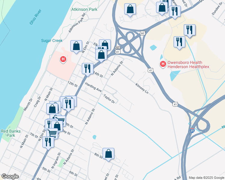 map of restaurants, bars, coffee shops, grocery stores, and more near 614 Breckinridge Drive in Henderson