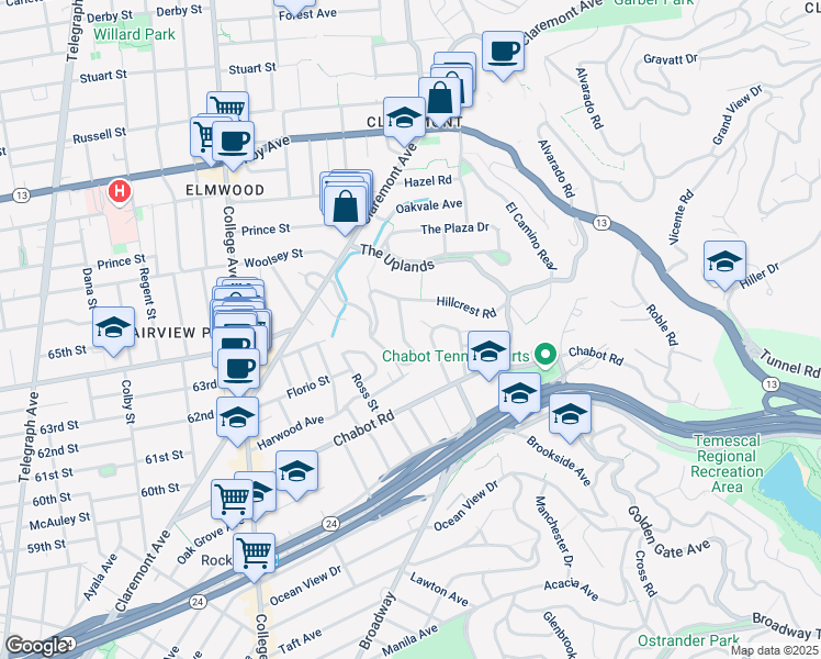 map of restaurants, bars, coffee shops, grocery stores, and more near 97 South Crossways in Oakland