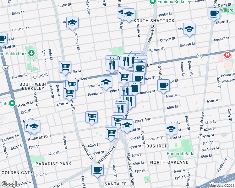 map of restaurants, bars, coffee shops, grocery stores, and more near 1811 Prince Street in Berkeley