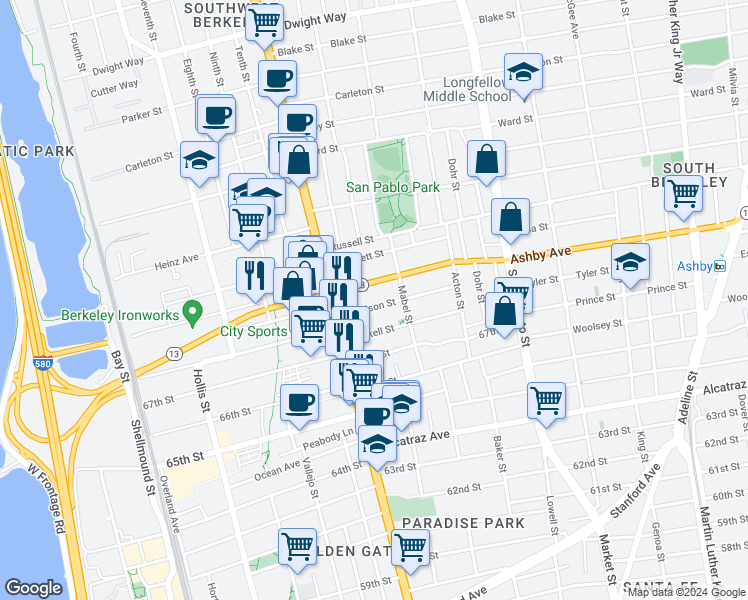 map of restaurants, bars, coffee shops, grocery stores, and more near 1246 Ashby Avenue in Berkeley