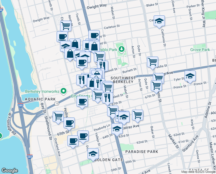 map of restaurants, bars, coffee shops, grocery stores, and more near 1223 Ashby Avenue in Berkeley
