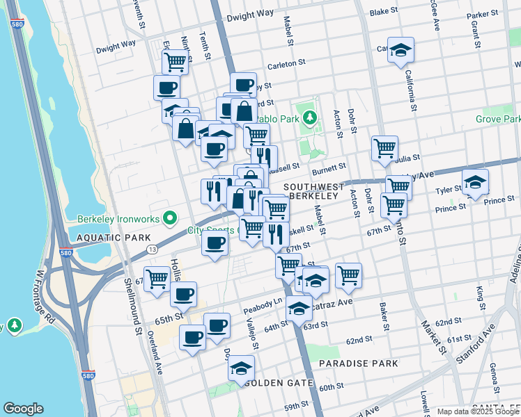 map of restaurants, bars, coffee shops, grocery stores, and more near in Berkeley