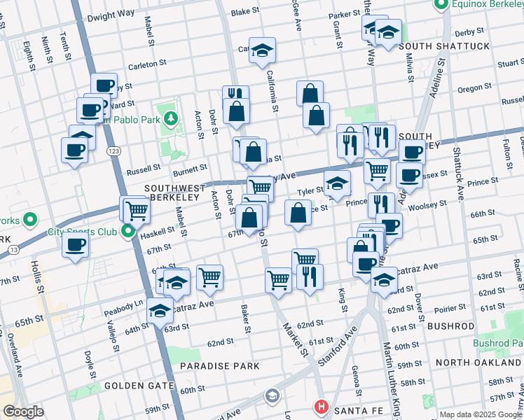 map of restaurants, bars, coffee shops, grocery stores, and more near 1507 Prince Street in Berkeley