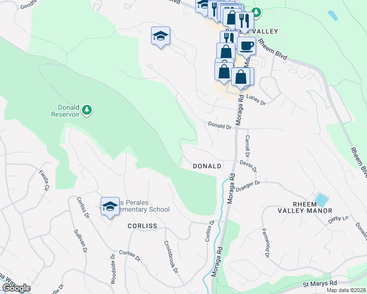 map of restaurants, bars, coffee shops, grocery stores, and more near 90 Devin Drive in Moraga