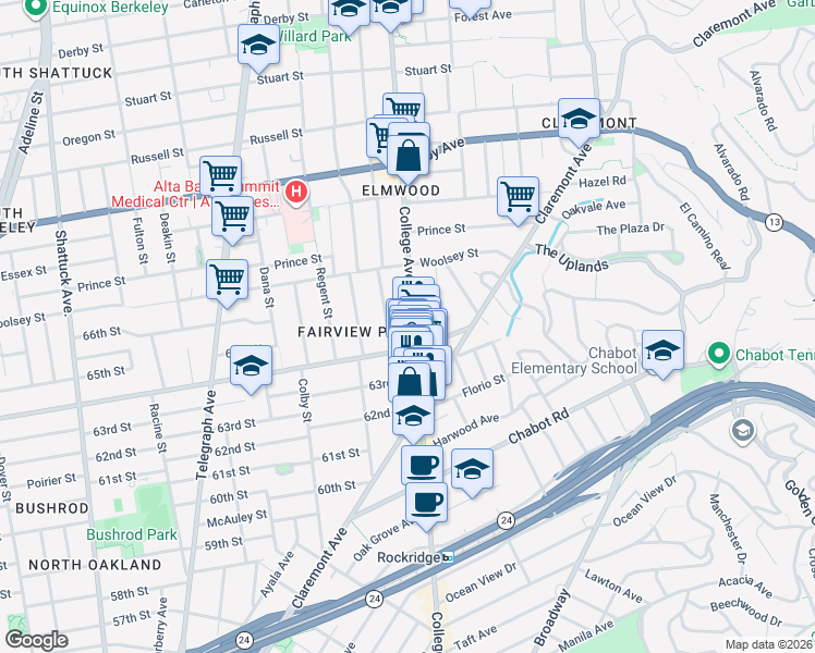 map of restaurants, bars, coffee shops, grocery stores, and more near 3136 College Avenue in Berkeley