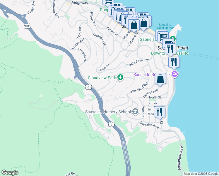 map of restaurants, bars, coffee shops, grocery stores, and more near 220 Spencer Avenue in Sausalito