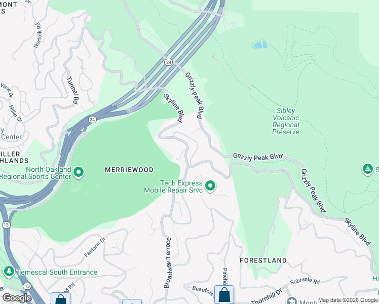 map of restaurants, bars, coffee shops, grocery stores, and more near 6044 Skyline Boulevard in Oakland