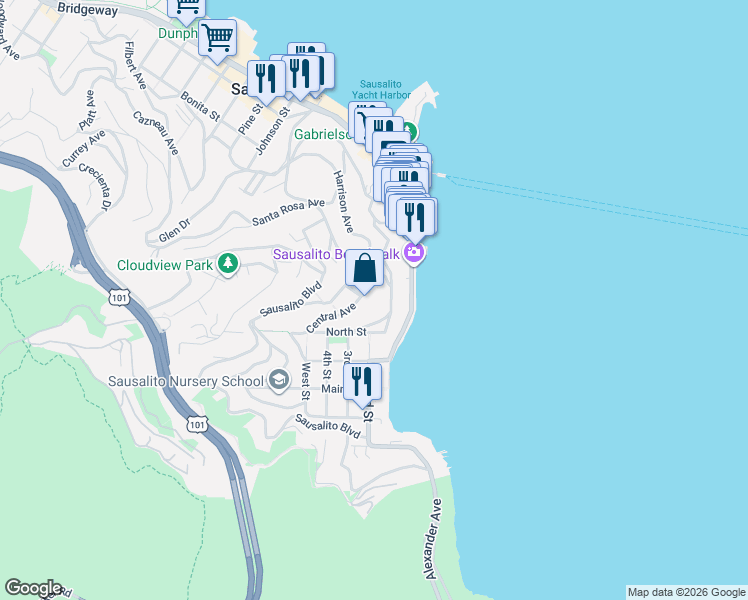 map of restaurants, bars, coffee shops, grocery stores, and more near 42 San Carlos Avenue in Sausalito