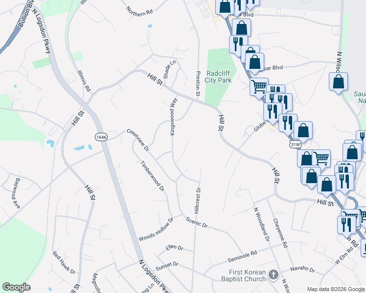 map of restaurants, bars, coffee shops, grocery stores, and more near 1234 Clear Ridge Lane in Radcliff