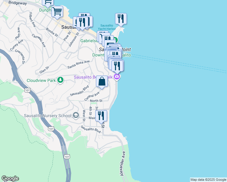 map of restaurants, bars, coffee shops, grocery stores, and more near 2 Bulkley Avenue in Sausalito