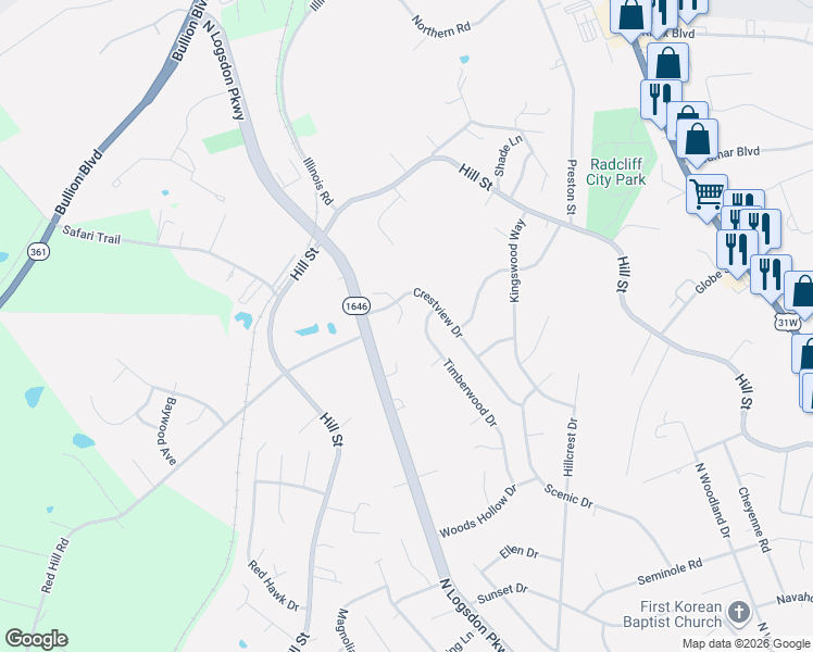 map of restaurants, bars, coffee shops, grocery stores, and more near 1367 Darlene Court in Radcliff