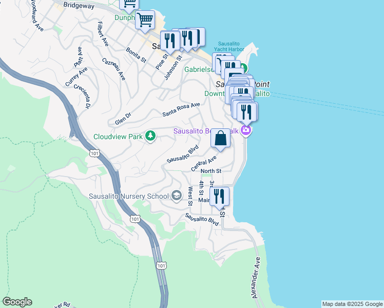 map of restaurants, bars, coffee shops, grocery stores, and more near 84 Sunshine Avenue in Sausalito