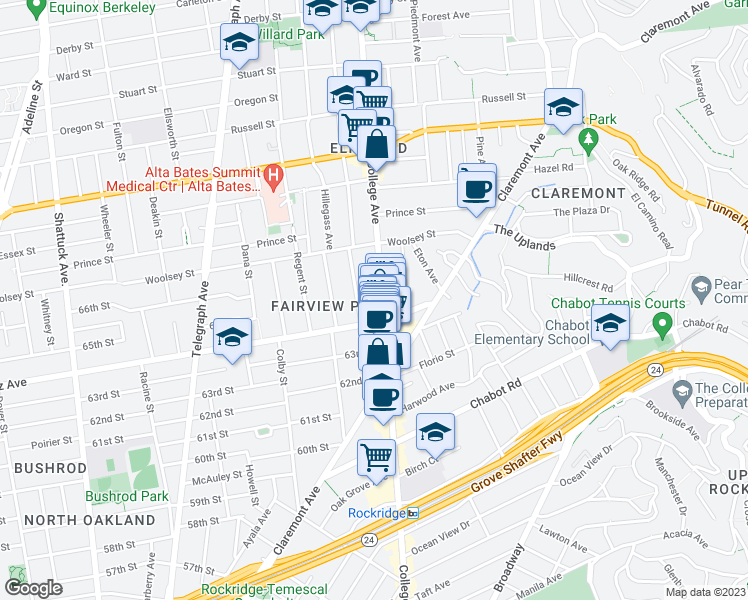 map of restaurants, bars, coffee shops, grocery stores, and more near 3136 College Avenue in Berkeley