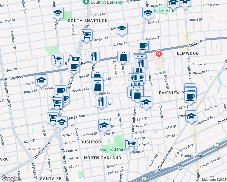 map of restaurants, bars, coffee shops, grocery stores, and more near 2213 Woolsey Street in Berkeley