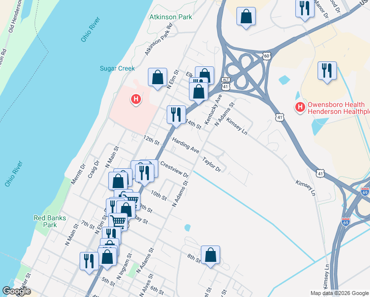 map of restaurants, bars, coffee shops, grocery stores, and more near 501 Harding Avenue in Henderson