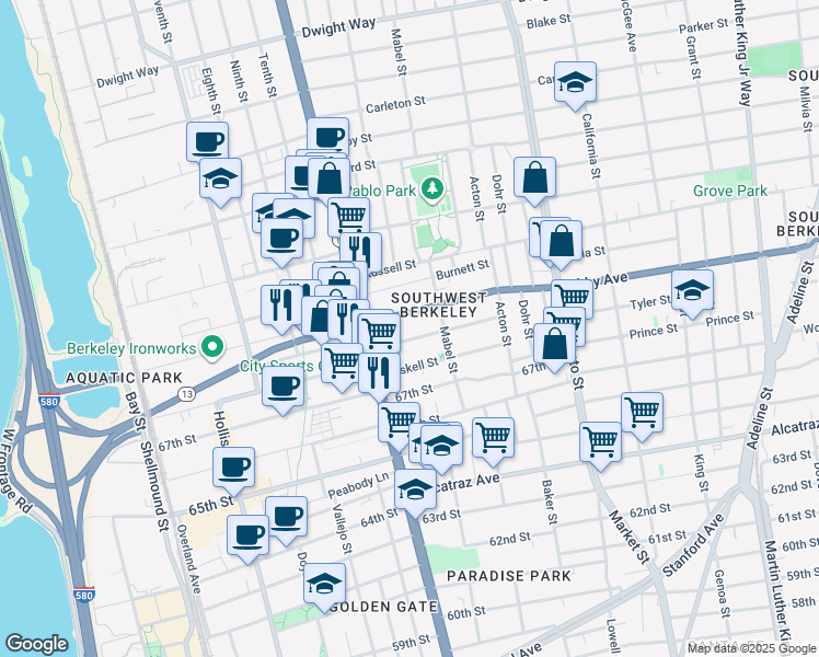 map of restaurants, bars, coffee shops, grocery stores, and more near 1235 Carrison Street in Berkeley