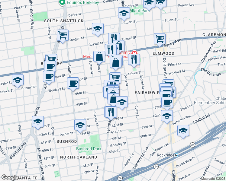 map of restaurants, bars, coffee shops, grocery stores, and more near Telegraph Ave & 66th St in Oakland
