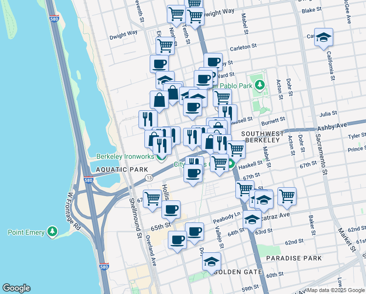 map of restaurants, bars, coffee shops, grocery stores, and more near 929 Potter Street in Berkeley