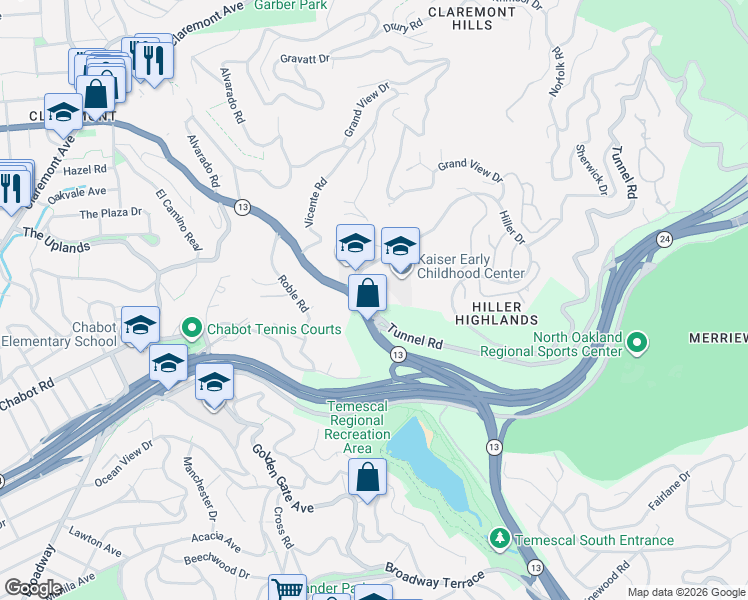 map of restaurants, bars, coffee shops, grocery stores, and more near 25 South Hill Court in Oakland