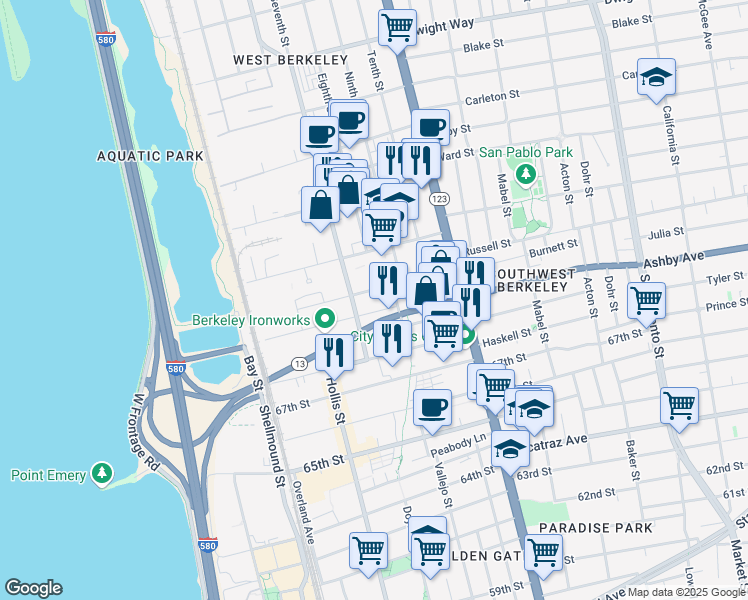map of restaurants, bars, coffee shops, grocery stores, and more near 929 Potter St in Berkeley