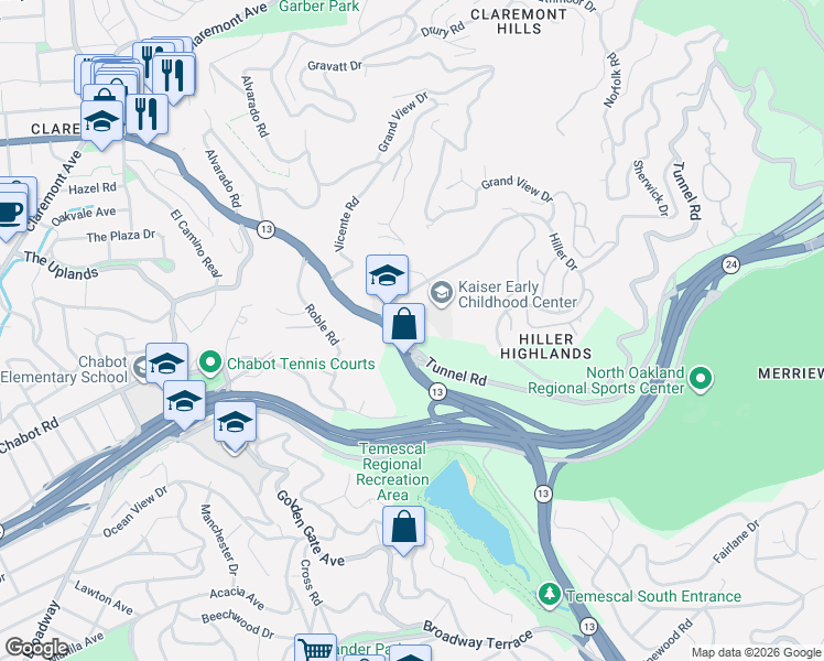 map of restaurants, bars, coffee shops, grocery stores, and more near 25 South Hill Court in Oakland