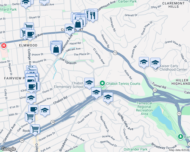 map of restaurants, bars, coffee shops, grocery stores, and more near 217 Hillcrest Road in Berkeley