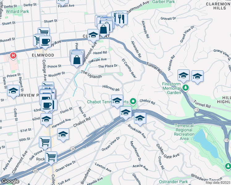 map of restaurants, bars, coffee shops, grocery stores, and more near 217 Hillcrest Road in Berkeley