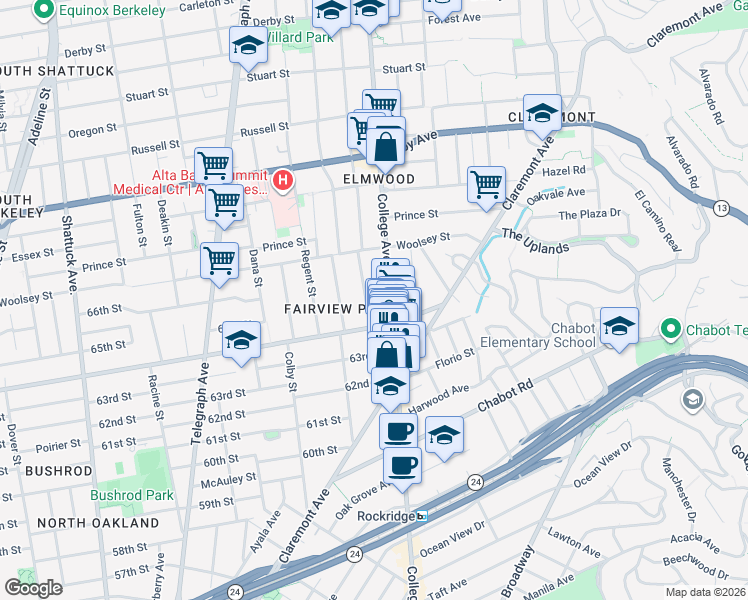 map of restaurants, bars, coffee shops, grocery stores, and more near 3136 College Avenue in Berkeley