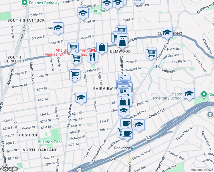 map of restaurants, bars, coffee shops, grocery stores, and more near 6442 Hillegass Avenue in Oakland